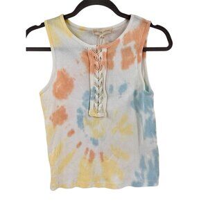 GILDED INTENT Women's White Tie Dye Front Lace-Up Ribbed Tank NWT Large